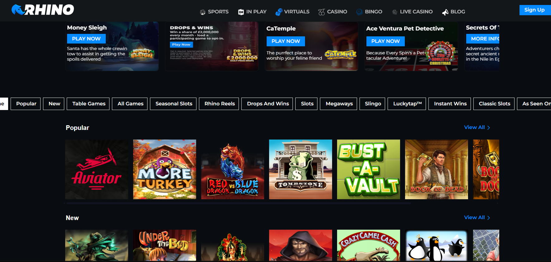 Rhino Casino UK lobby preview &mdash; signed-in homepage with slot library and GBP balance